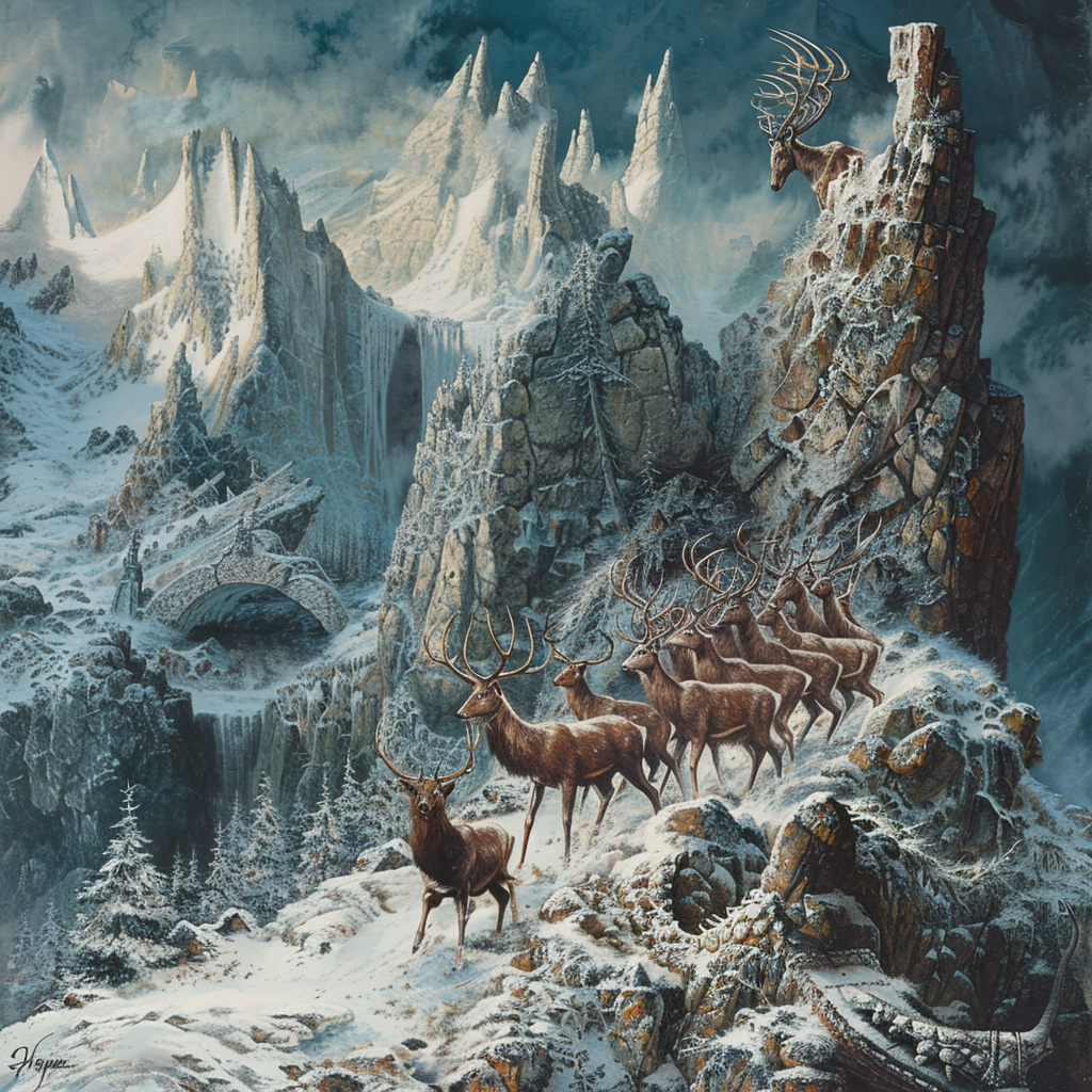 Fantasy creatures in mountain landscape