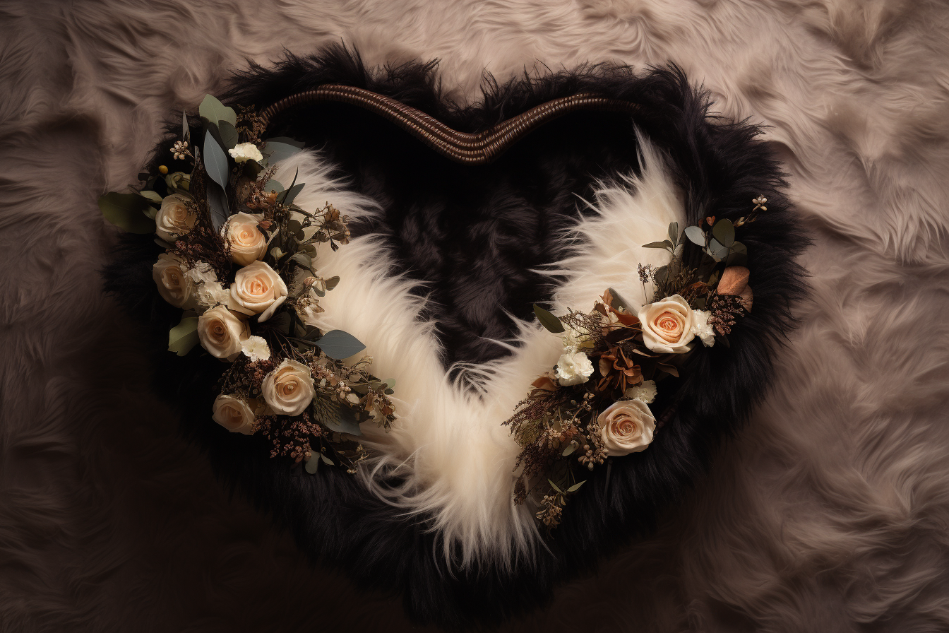 Empty heart basket with fluffy blanket and floral garland