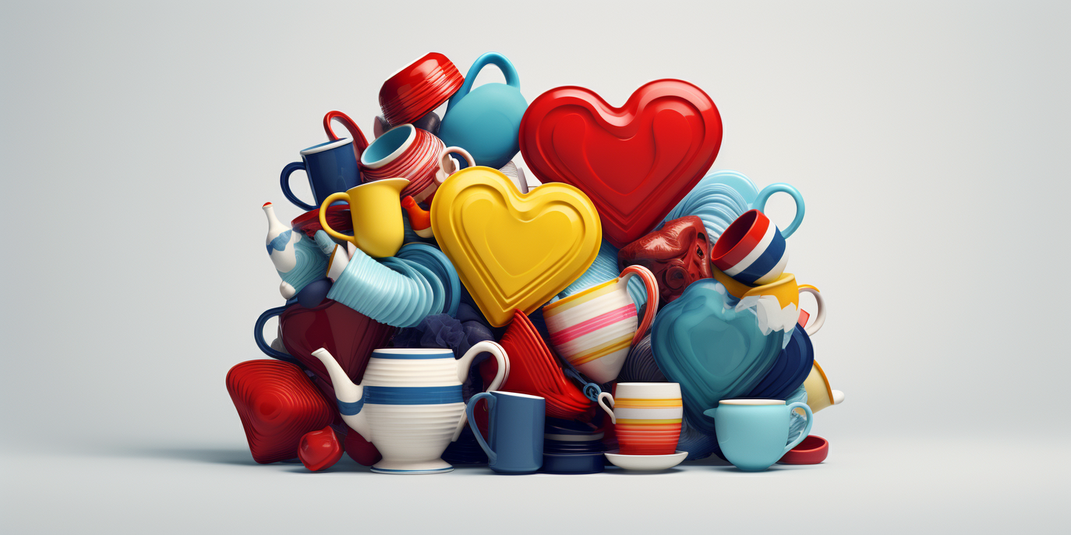 Heart made of dishes, fabric, and toys