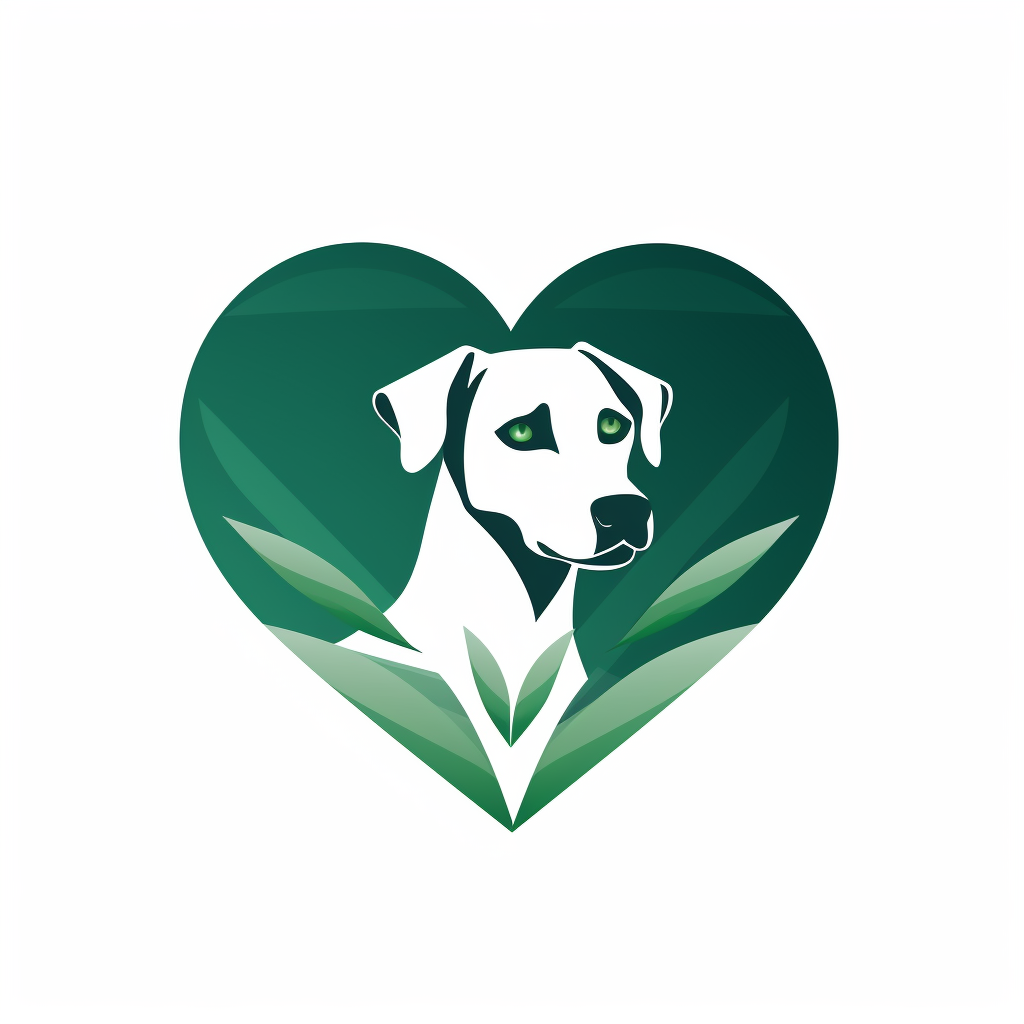 Simplistic logo with heart, dog, and green leaf