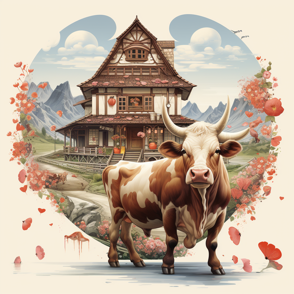 Japanese house with heart-shaped cow and rice