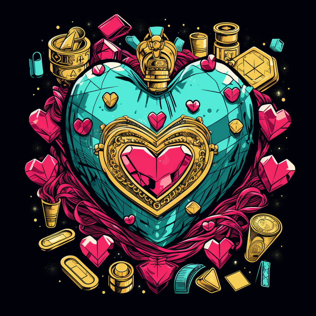 Heart, money, diamond chain in colorful line art