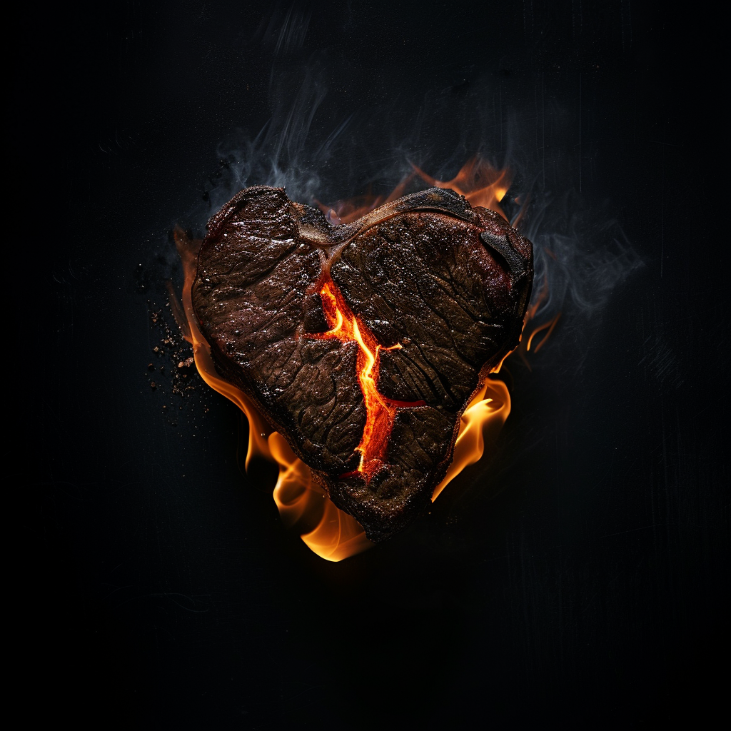 Heart shaped steak in flames