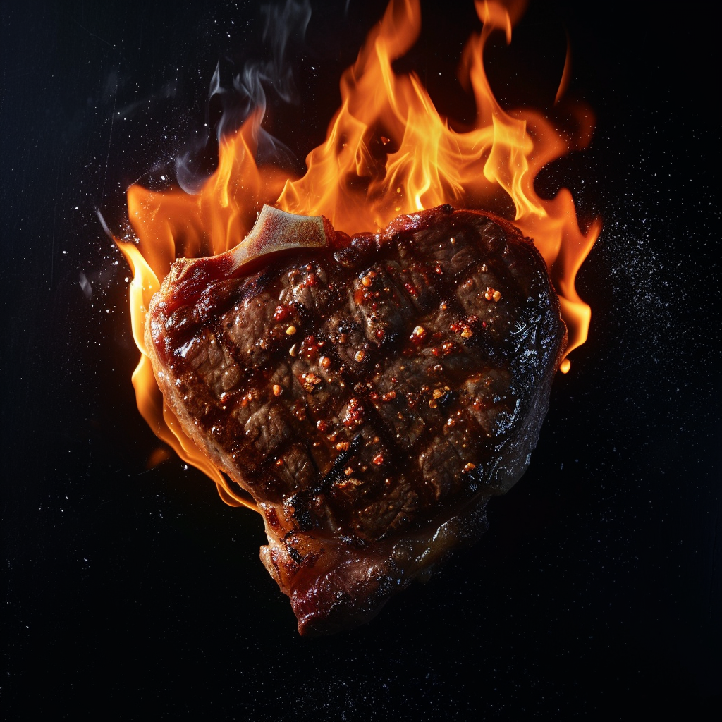 Heart-shaped steak engulfed in flames