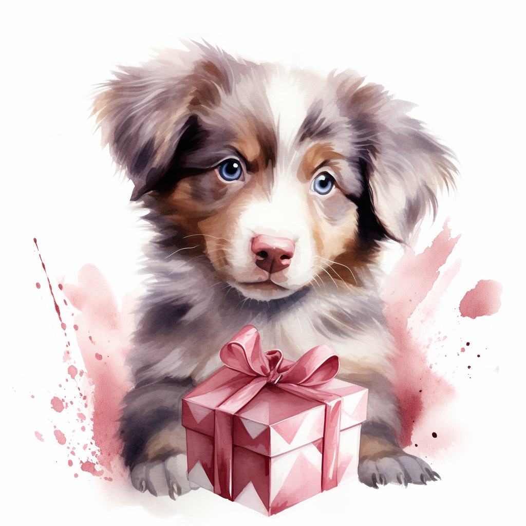 Australian Shepard puppy with gift box