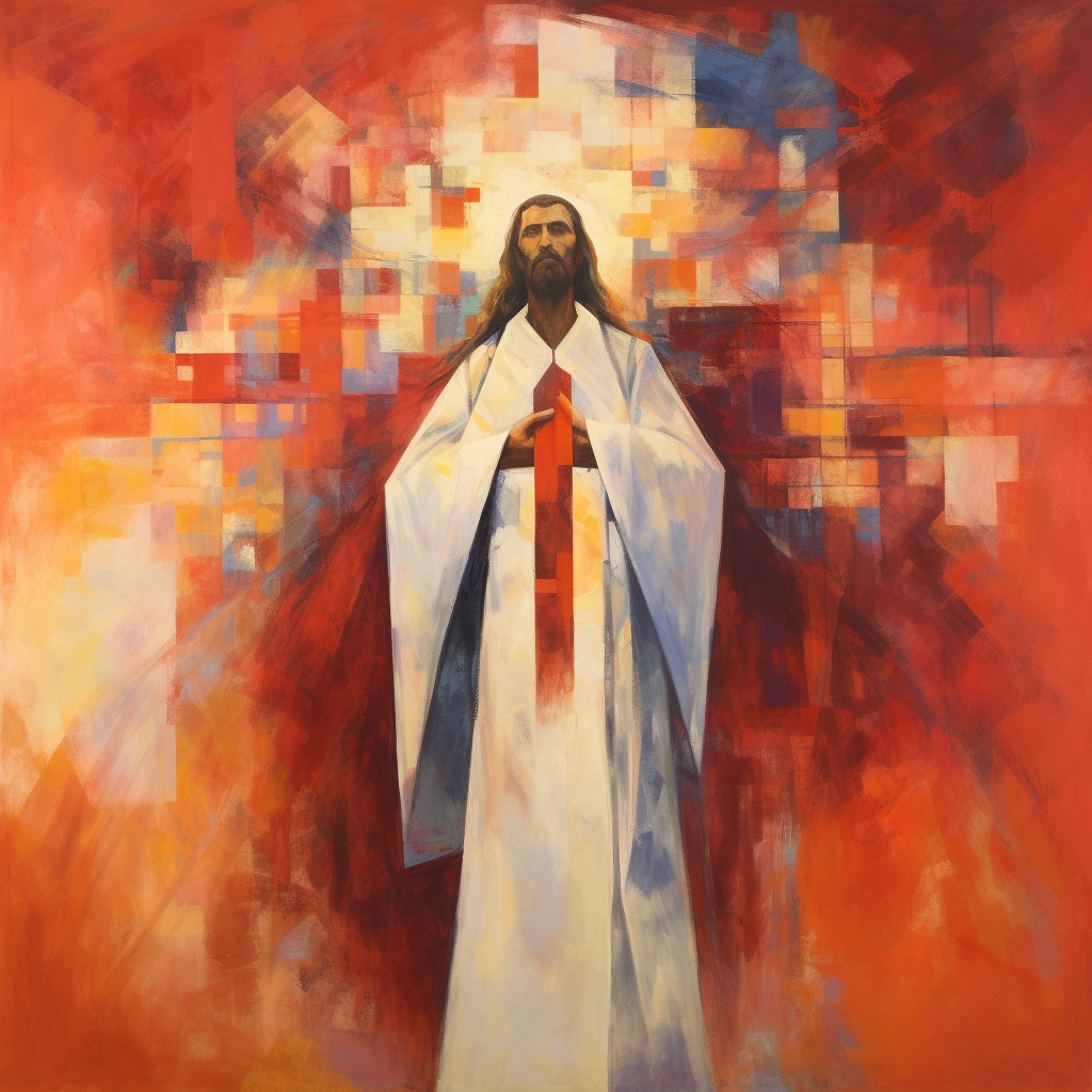 Abstract depiction of Jesus in white and red