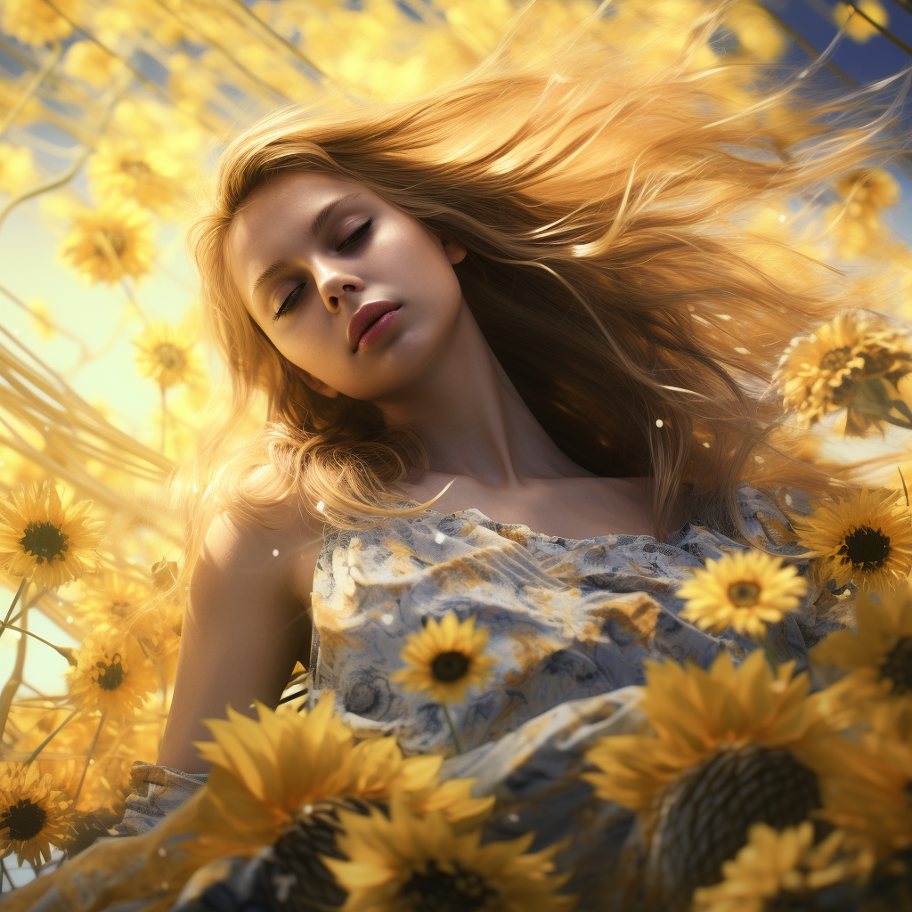 Shimmering Woman in Yellow Dress on Flower Field