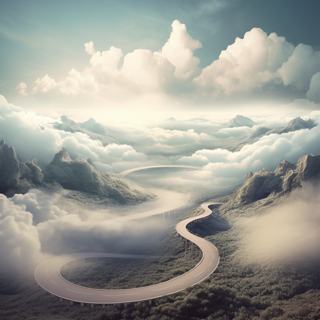 Road curving into clouds