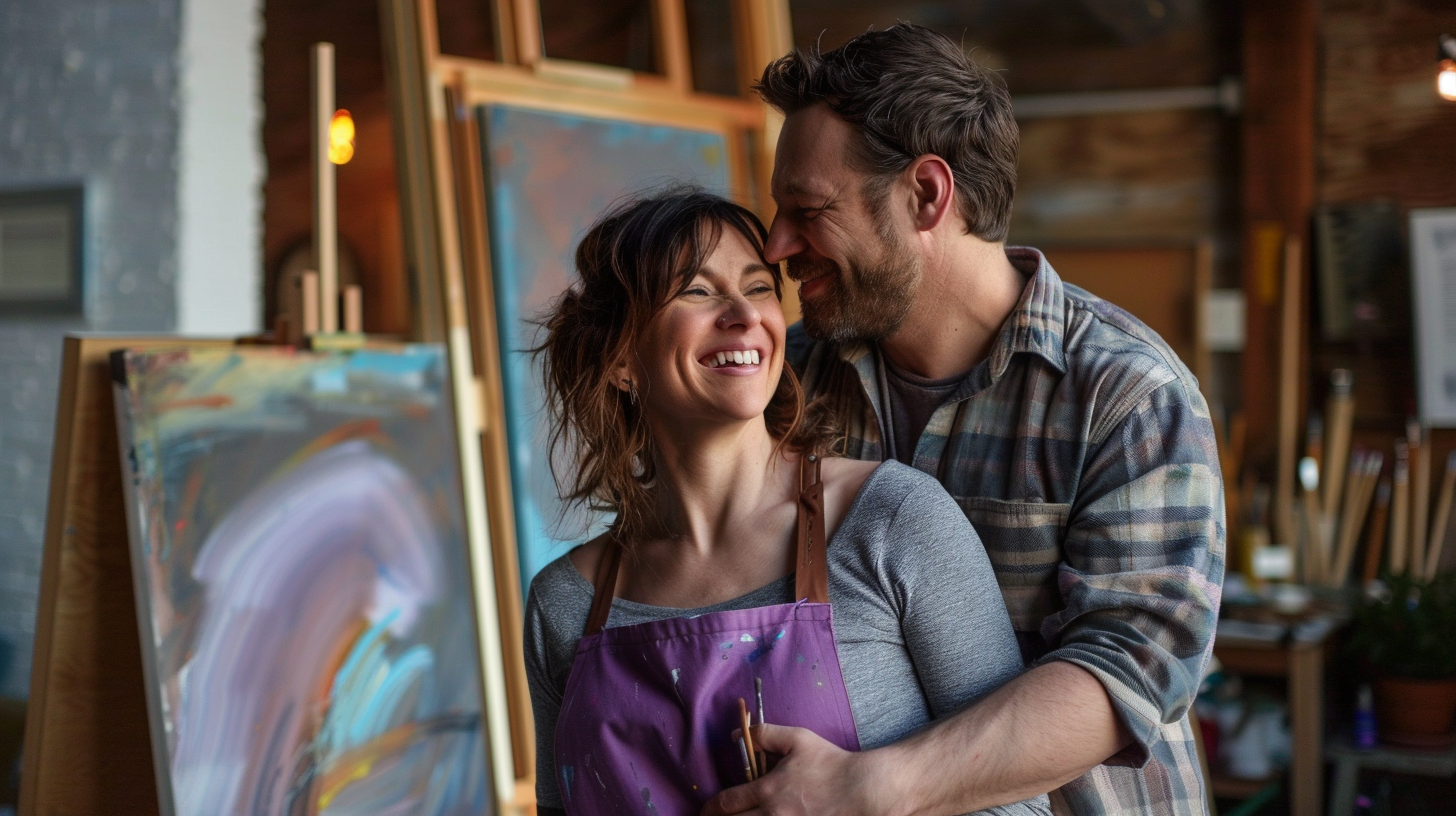 Woman painting with husband hug