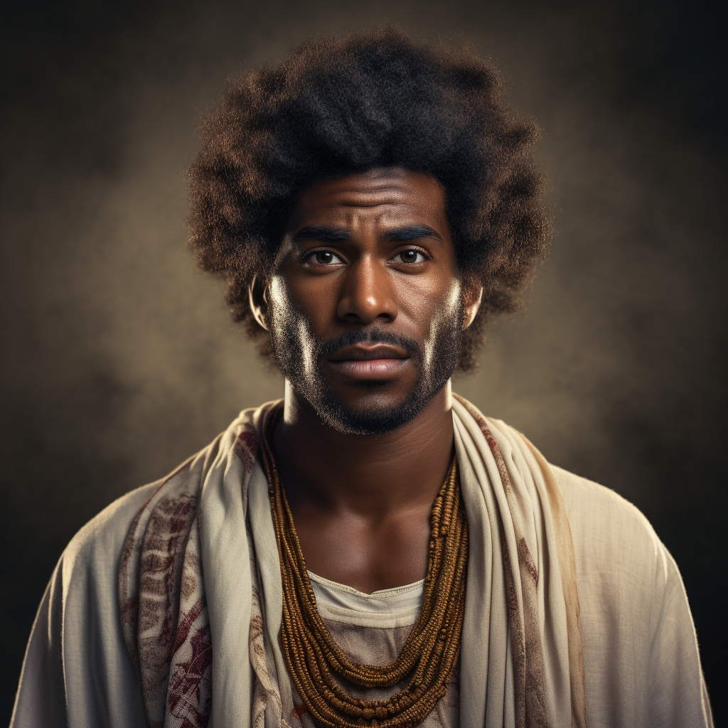 Very dark-skinned Hebrew man with afro portraying biblical Job