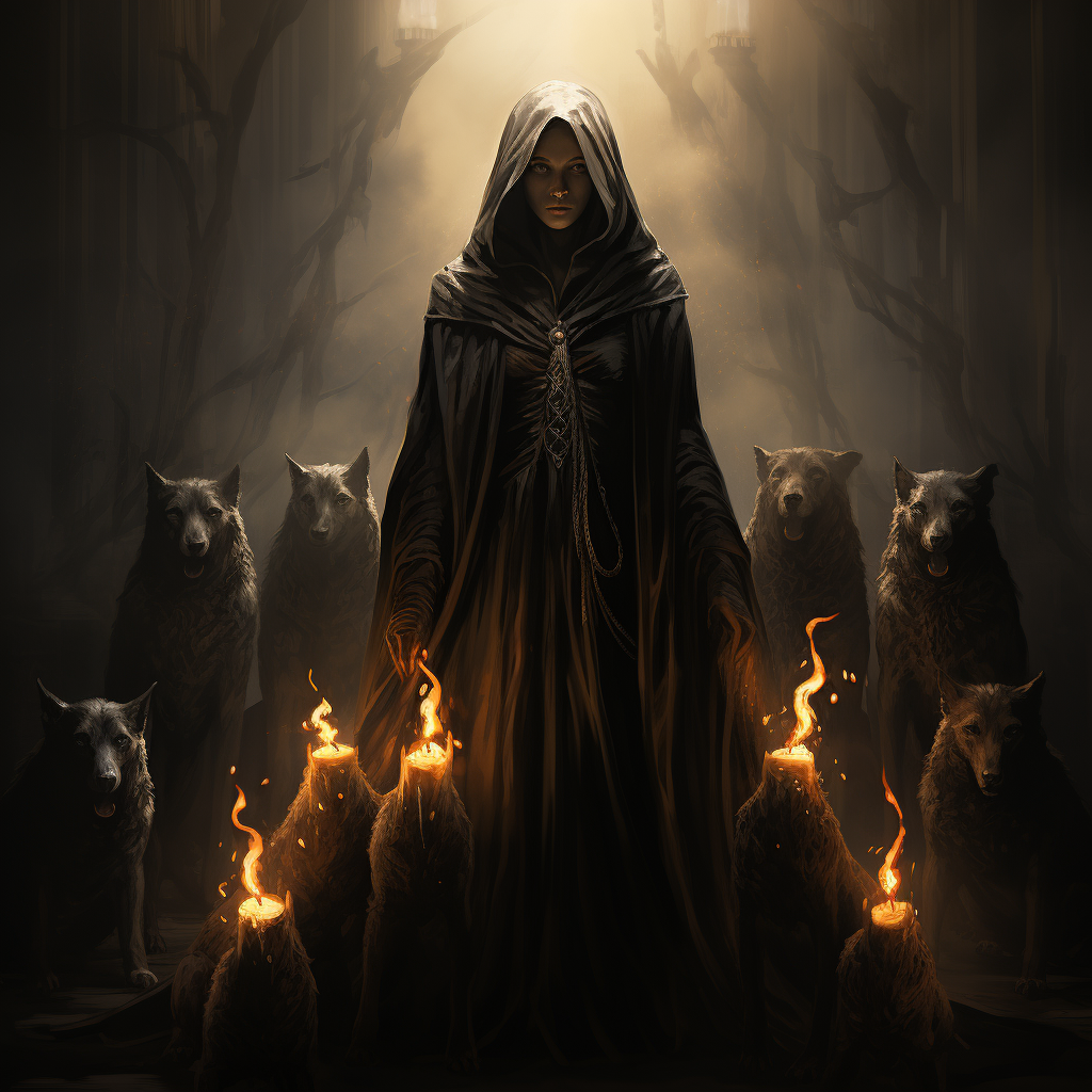 Hecate with burning torches and dogs