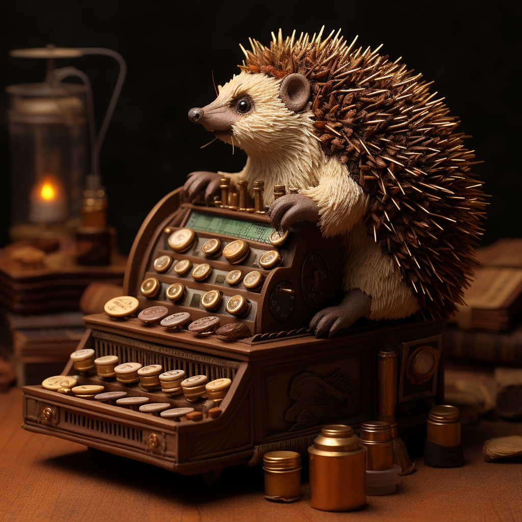 Cute hedgehog with cash register and coins