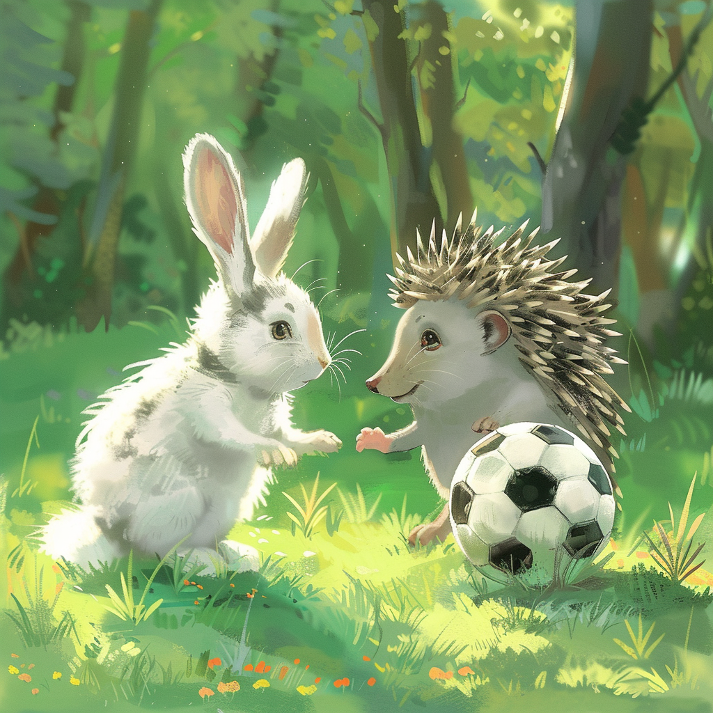 Cartoon animals playing soccer in forest