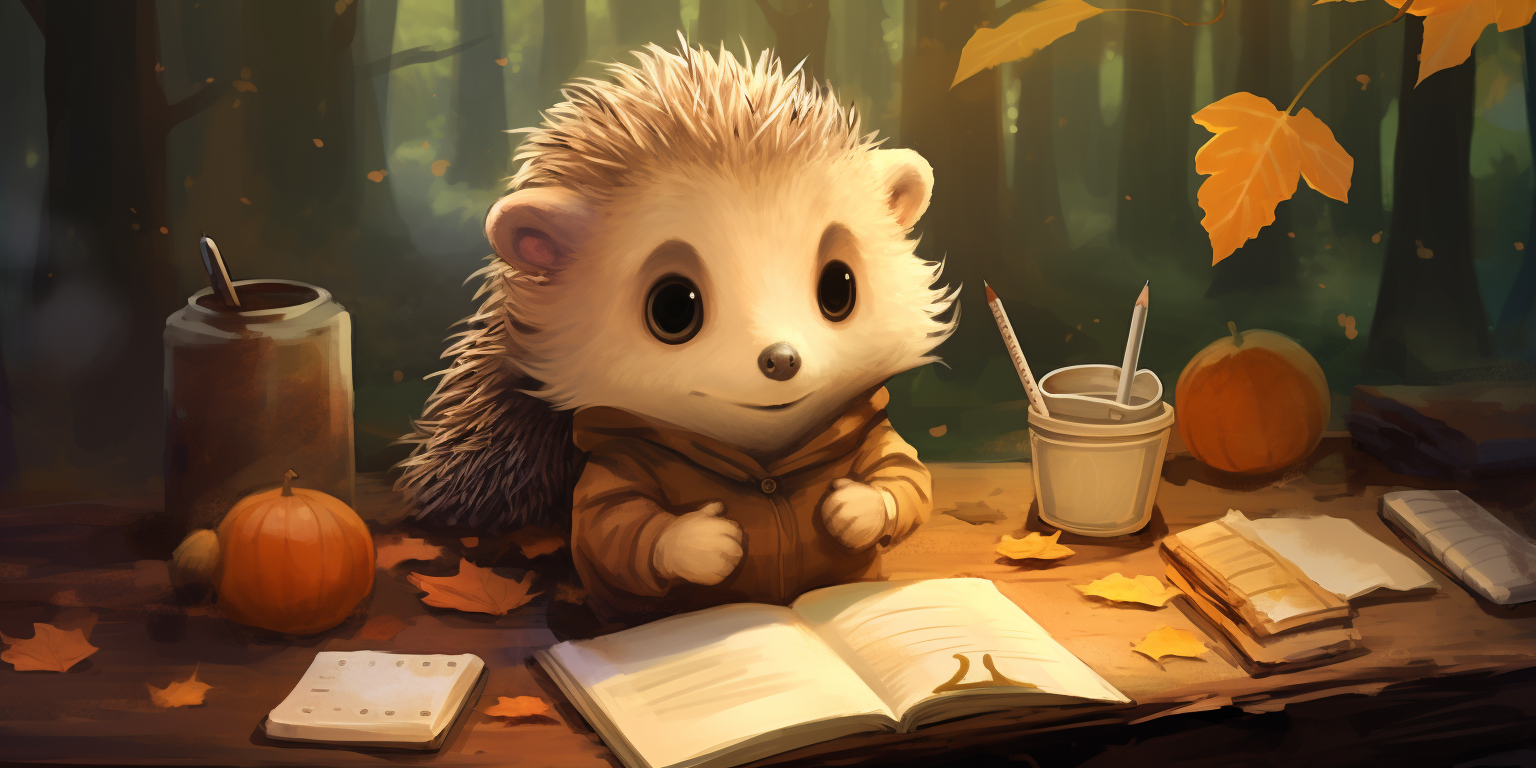 Cute Hedgehog Writing with Quill Pen in Jungle