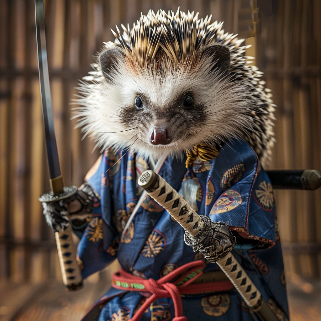 Hedgehog in Samurai Costume Standing Proudly