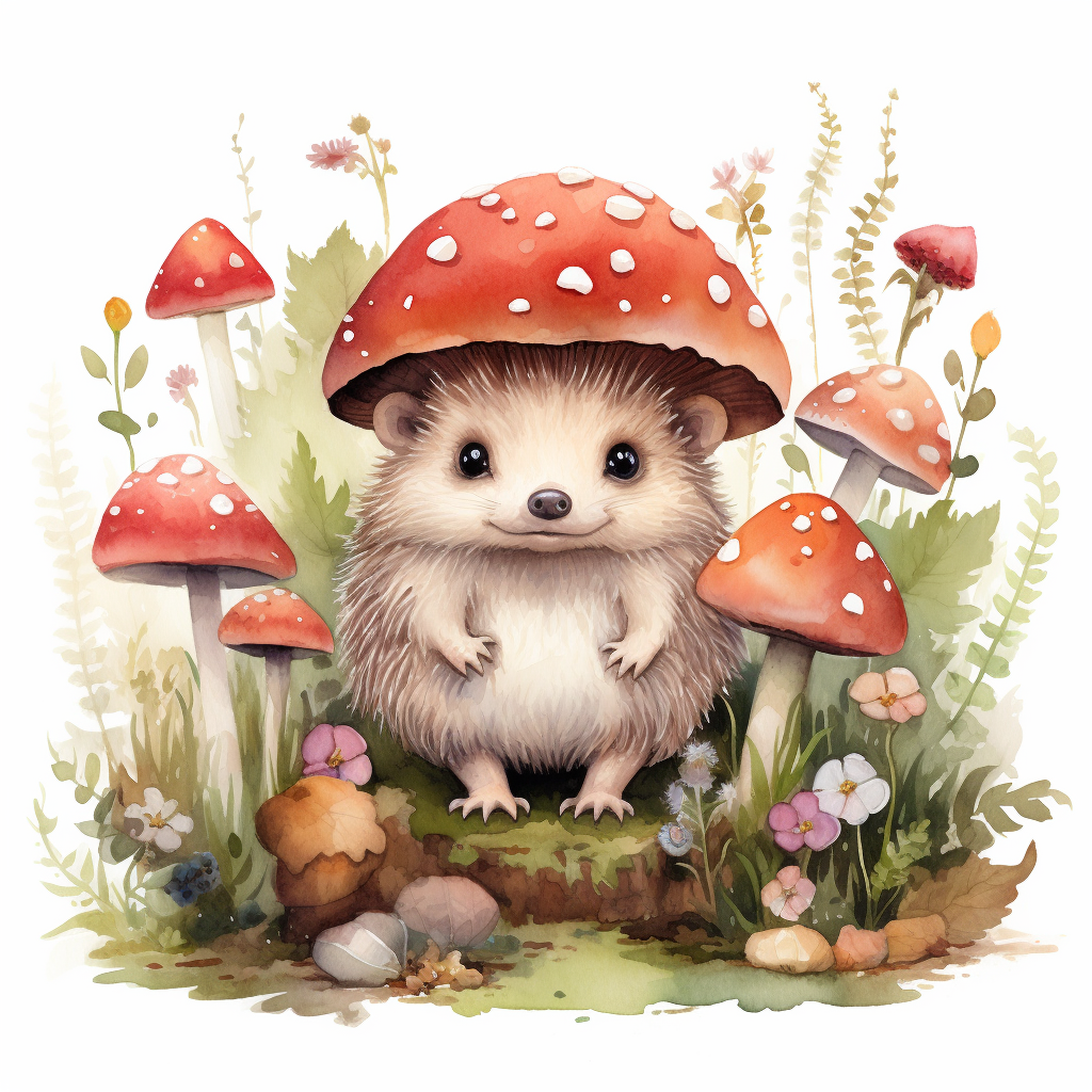 Cute hedgehog hiding in vibrant mushrooms