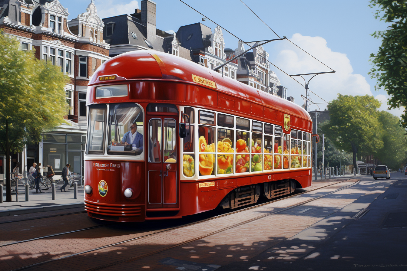 Hyper realistic tram shaped like Heinz Ketchup bottle