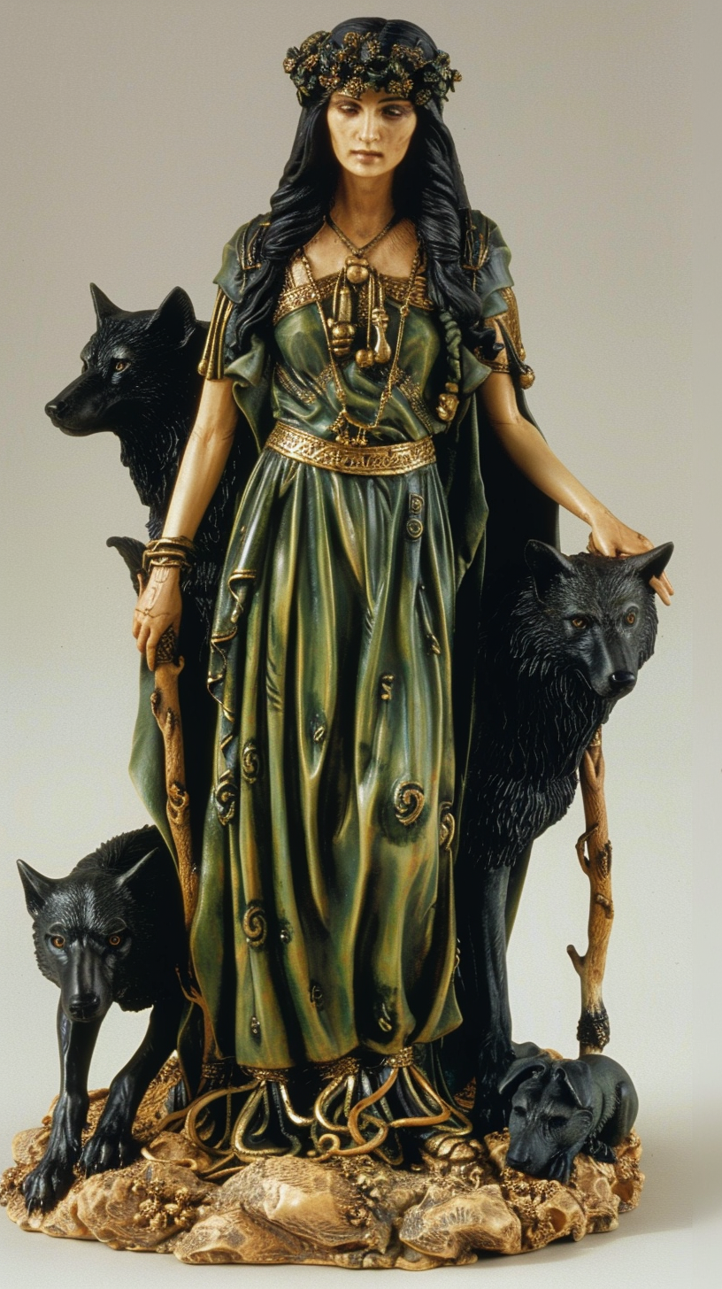 Three-headed Hekate with black wolves