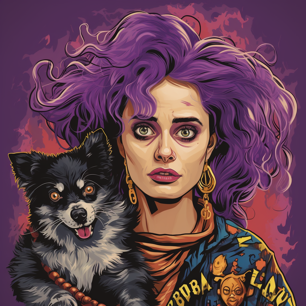 Helena Bonham Carter with Purple Hair and Snarling Chihuahua