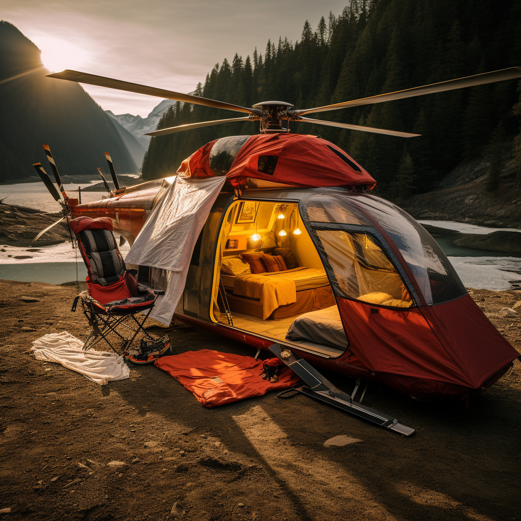 Helicopter camping adventure in nature