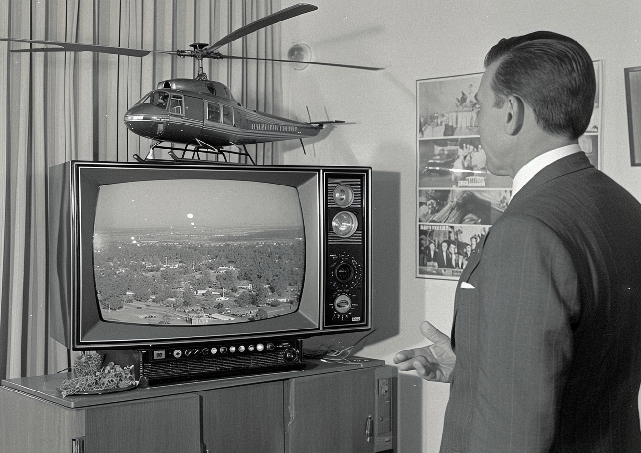 Marlin Perkins explaining helicopter on TV show Cheetah