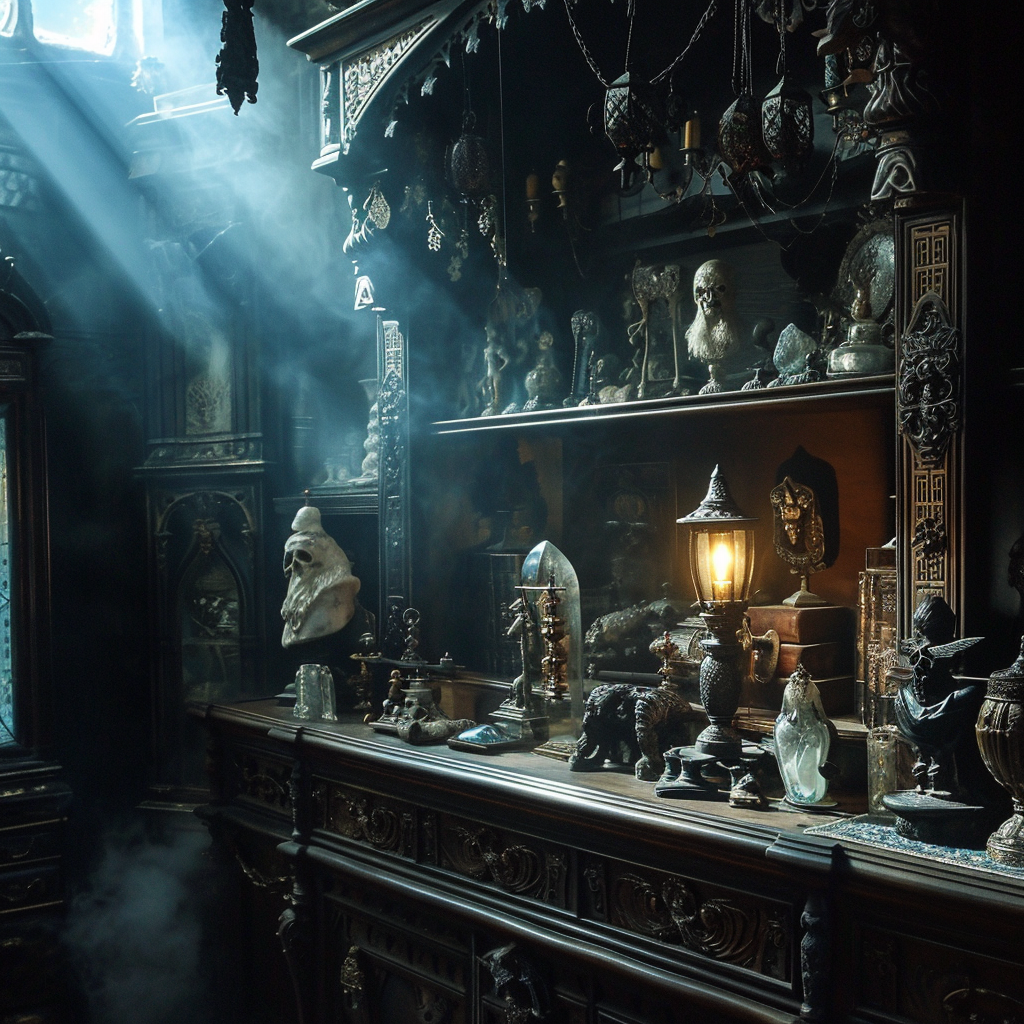 Cabinet of Curiosities with Dark and Smoky Lighting