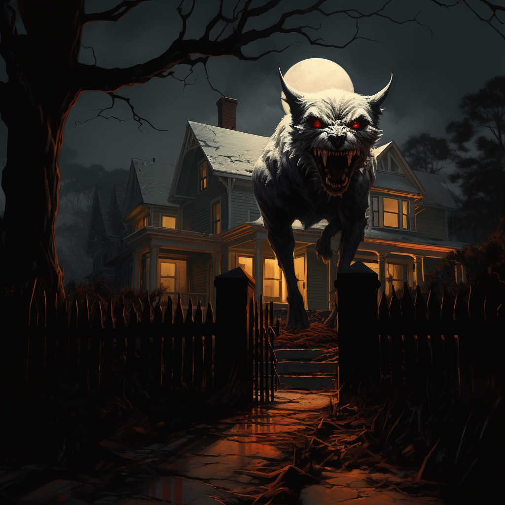 Hellhound in Yard with White Picket Fence