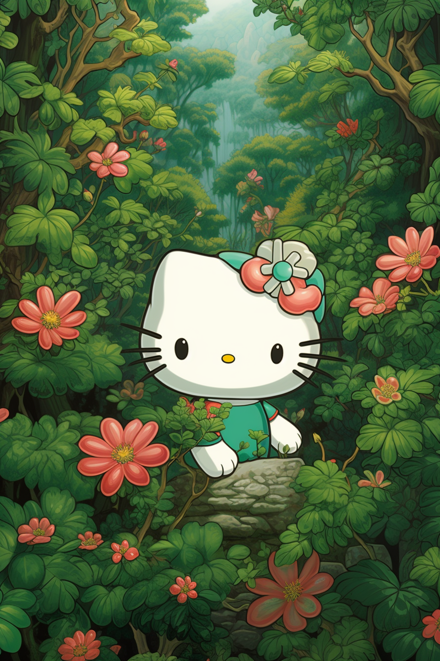 Retro manga Hello Kitty in forest