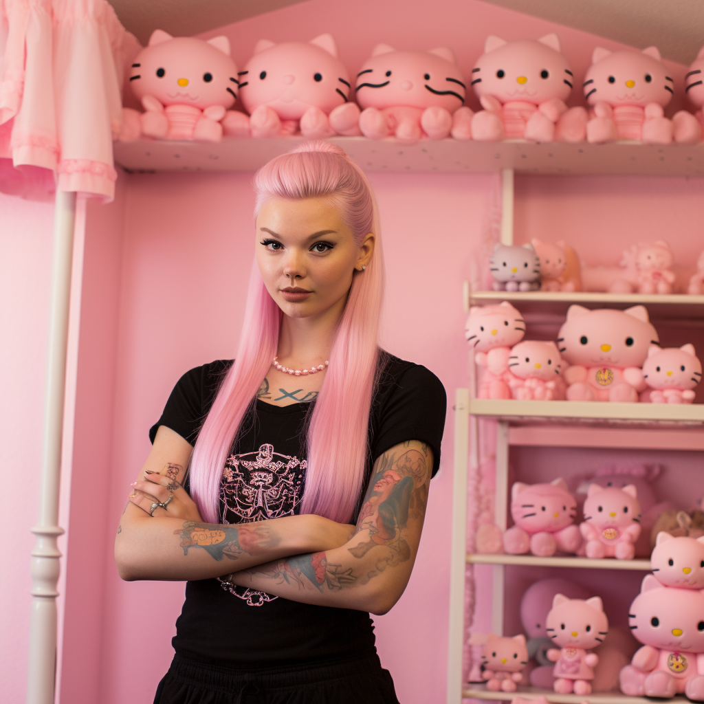 Hello Kitty fan girl in pink room