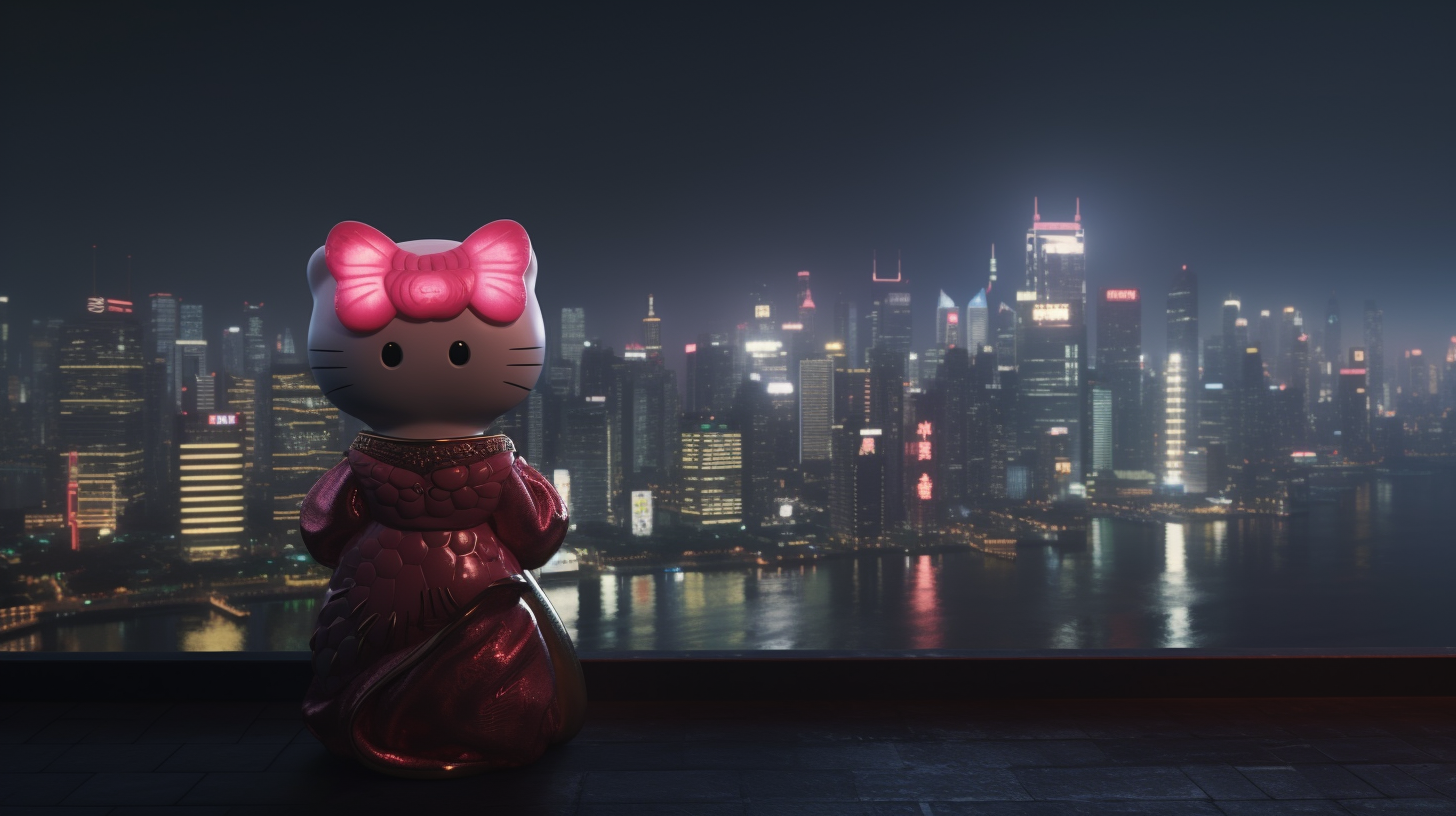 Hello Kitty gazing at cityscape