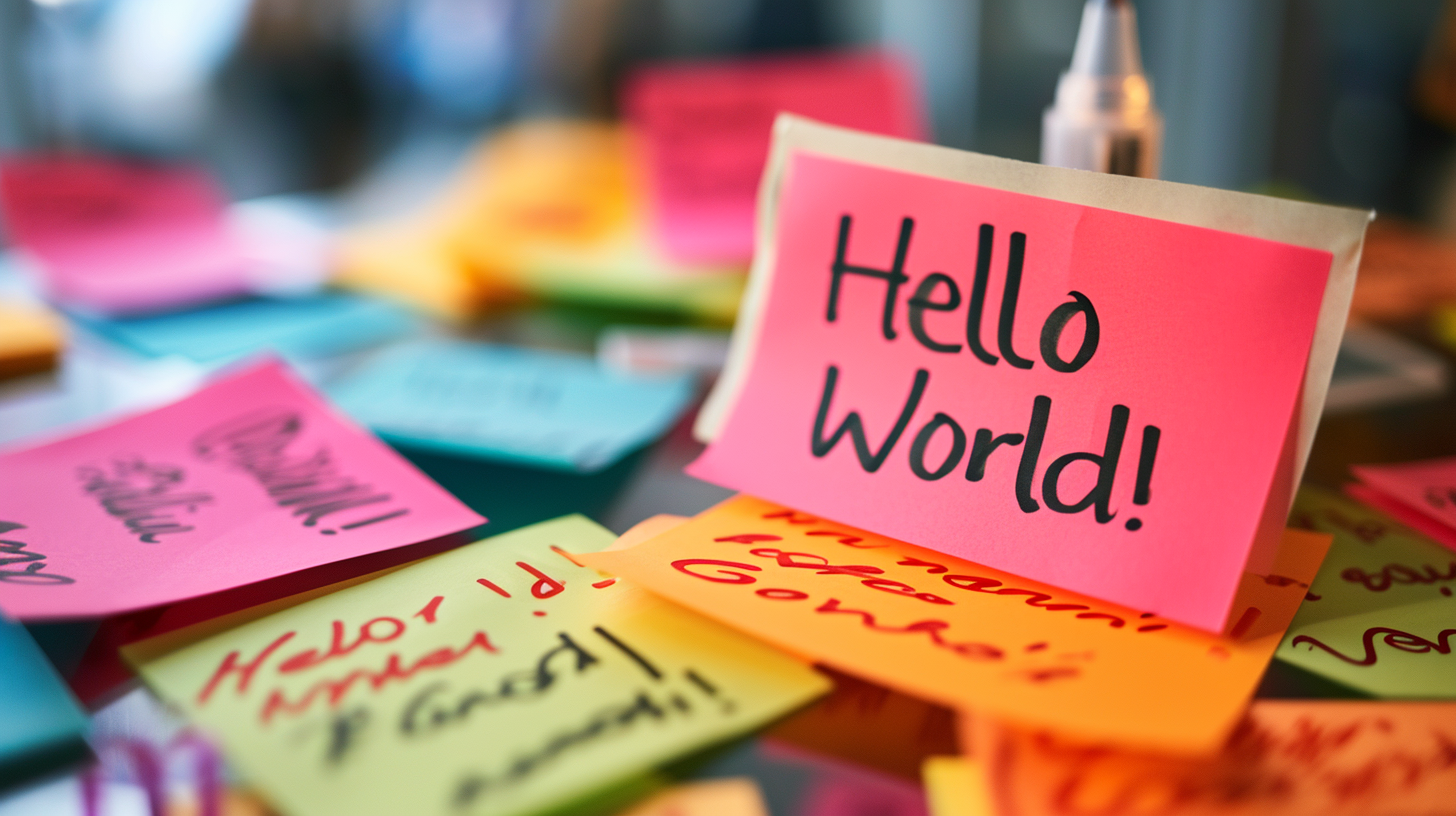 Hello World!  written on a post-it