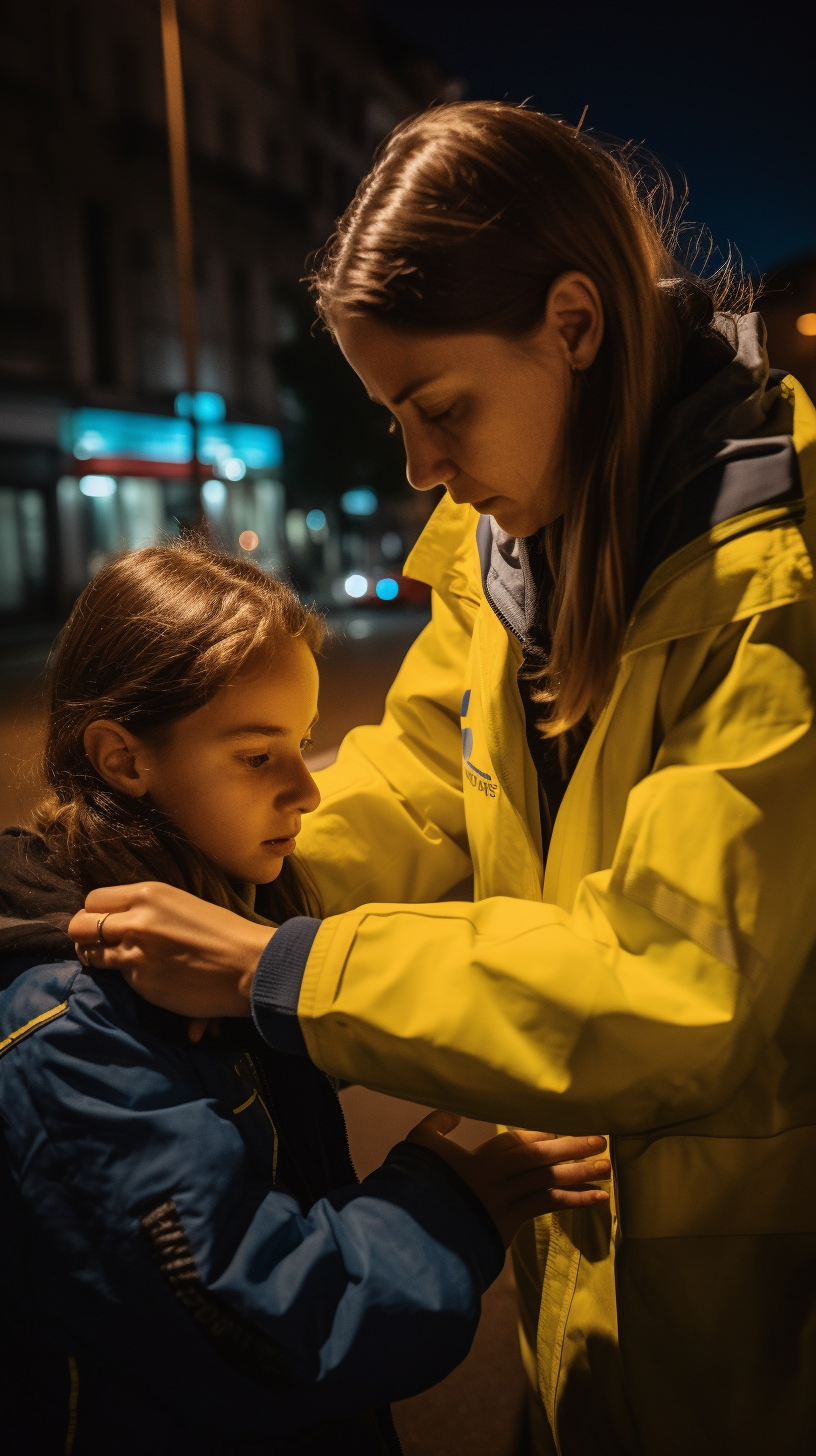 Woman helping young person sleep on street at night