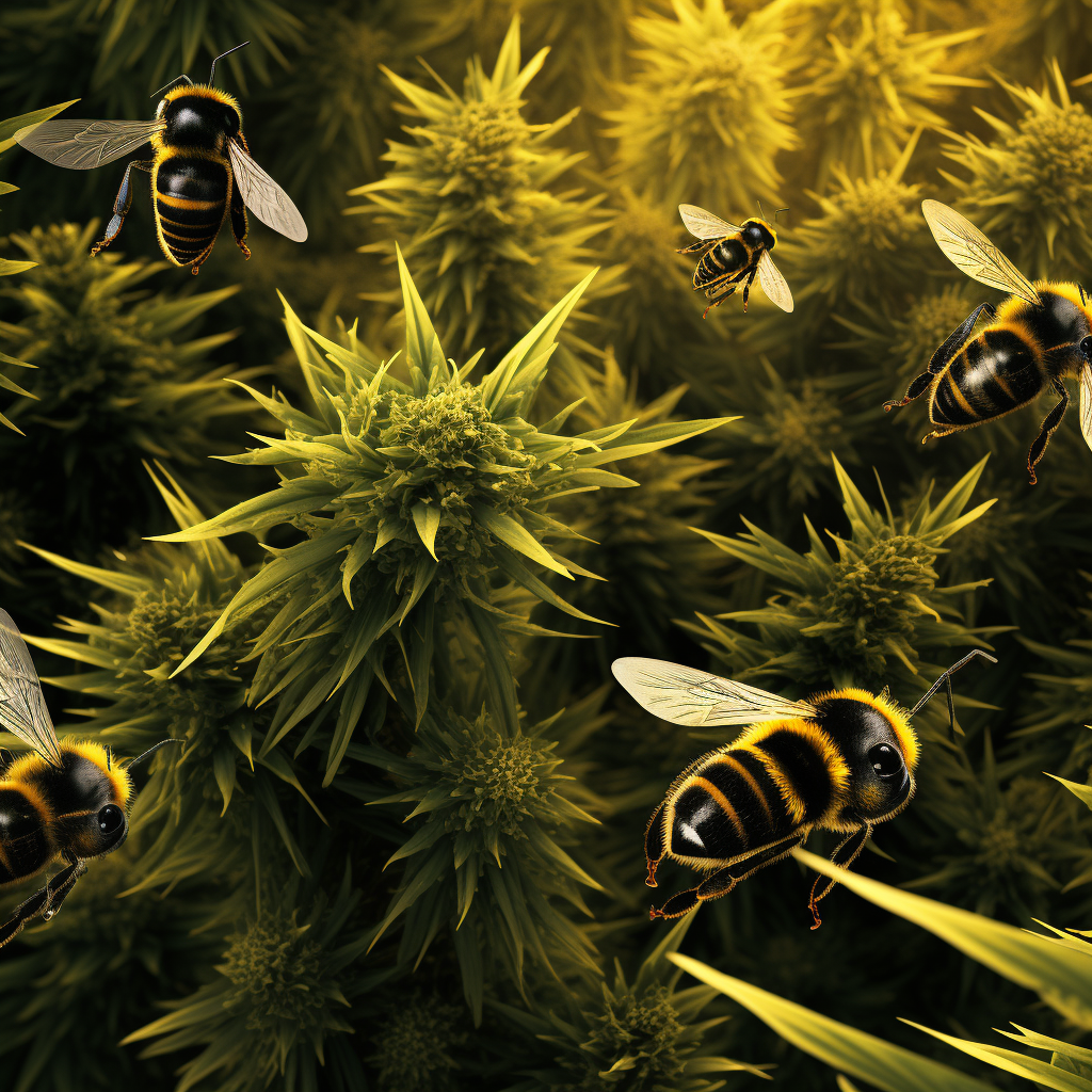 Hemp leaves and animated bumblebees