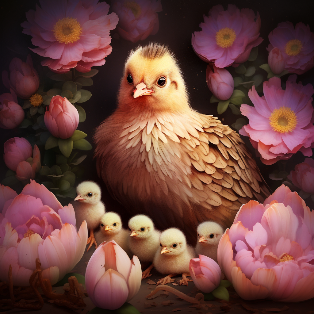 Cute hen and chicks on a simple background