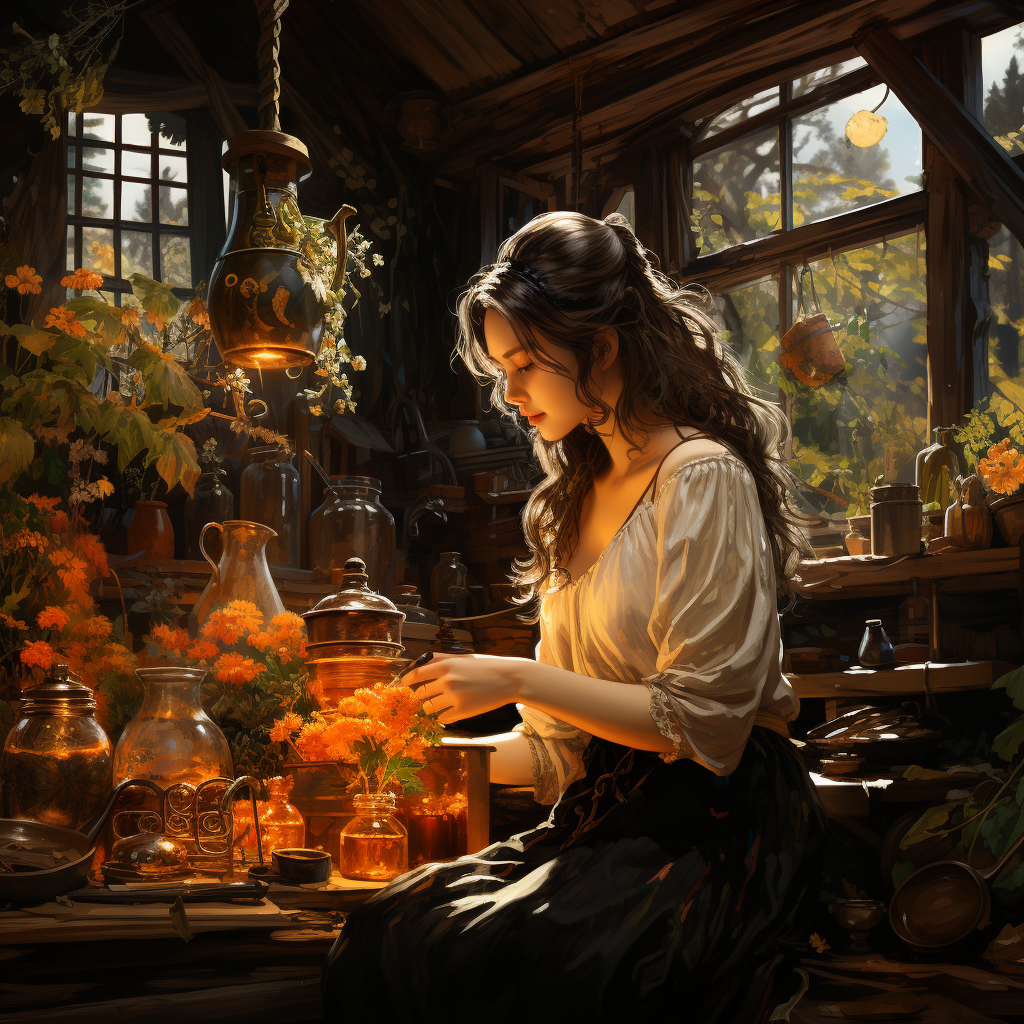 Herbal witch cooking in hut