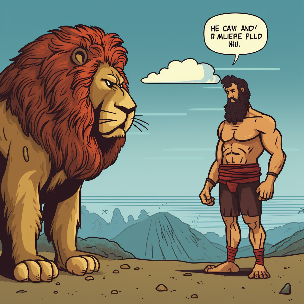 Sad-faced Lion Meeting Hercules