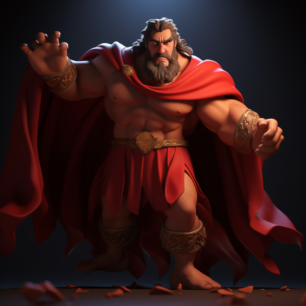 Determined Hercules in Red Cloak Saving the Day