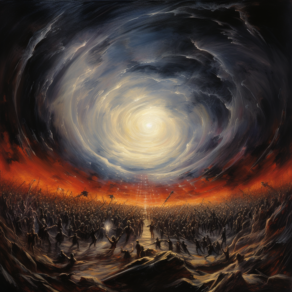 Dramatic oil painting depicting energy vortex and troopers