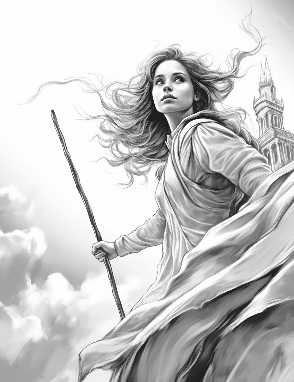 Hermione Granger flying on her Nimbus 2000 broomstick