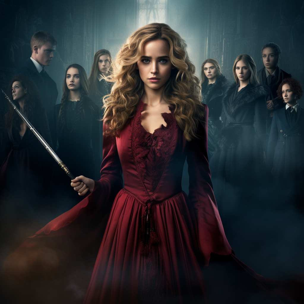 Blonde-haired Hermione Granger in elegant clothes with magic wand