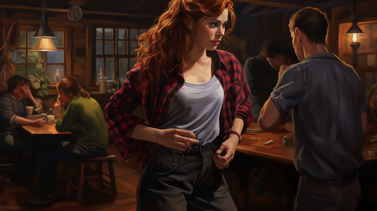 Hermione dancing in 60's style twilight country pub