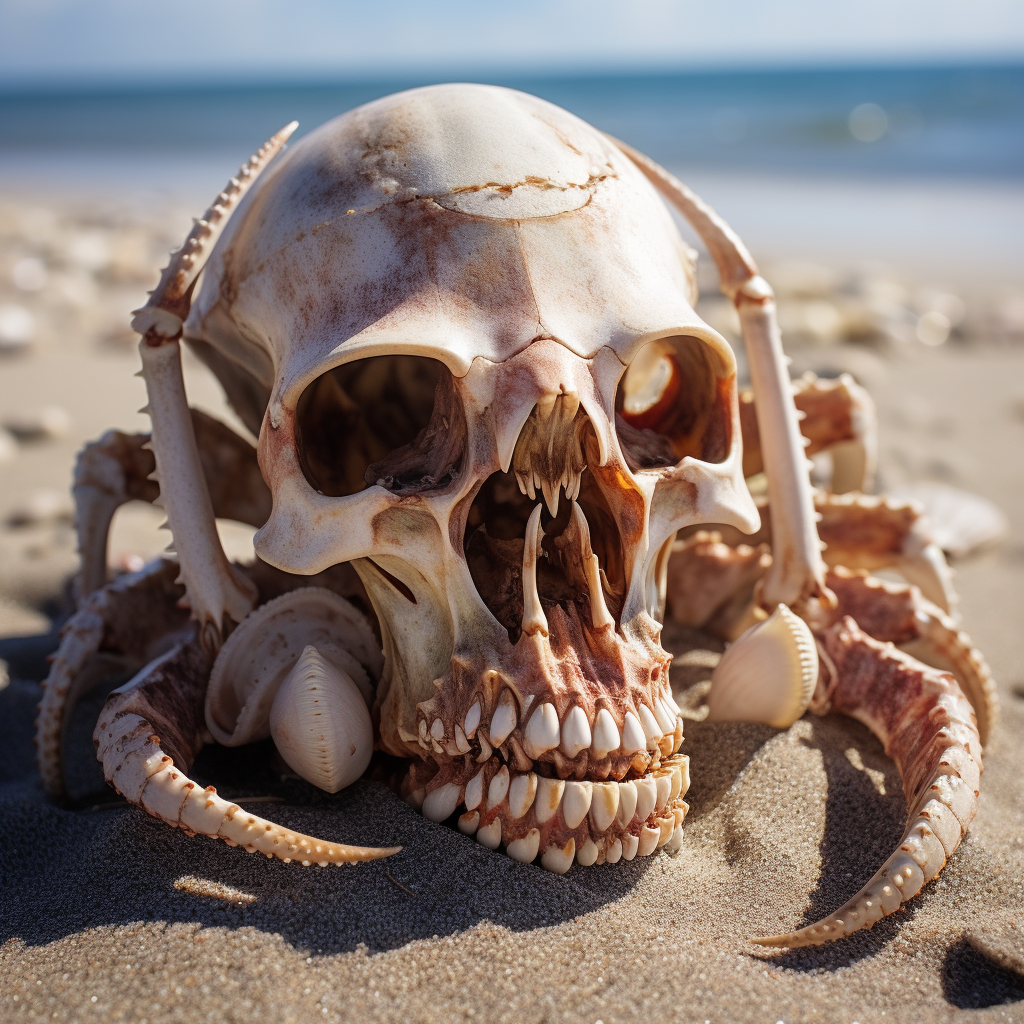 Hermit crab inside a skull on the beach