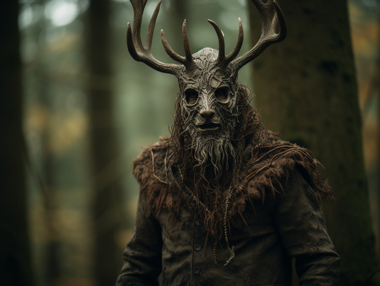 Mystical man wearing stag deer mask