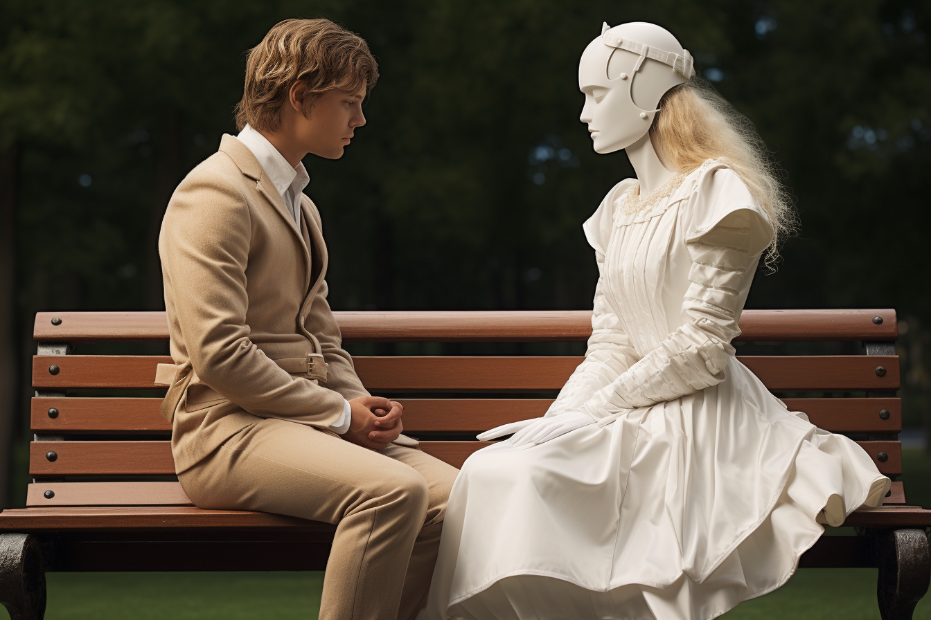 Costumed couple sitting on park bench in conversation