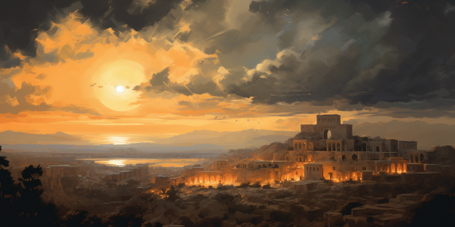 Expressive digital painting of hero lighting old Roman landscape