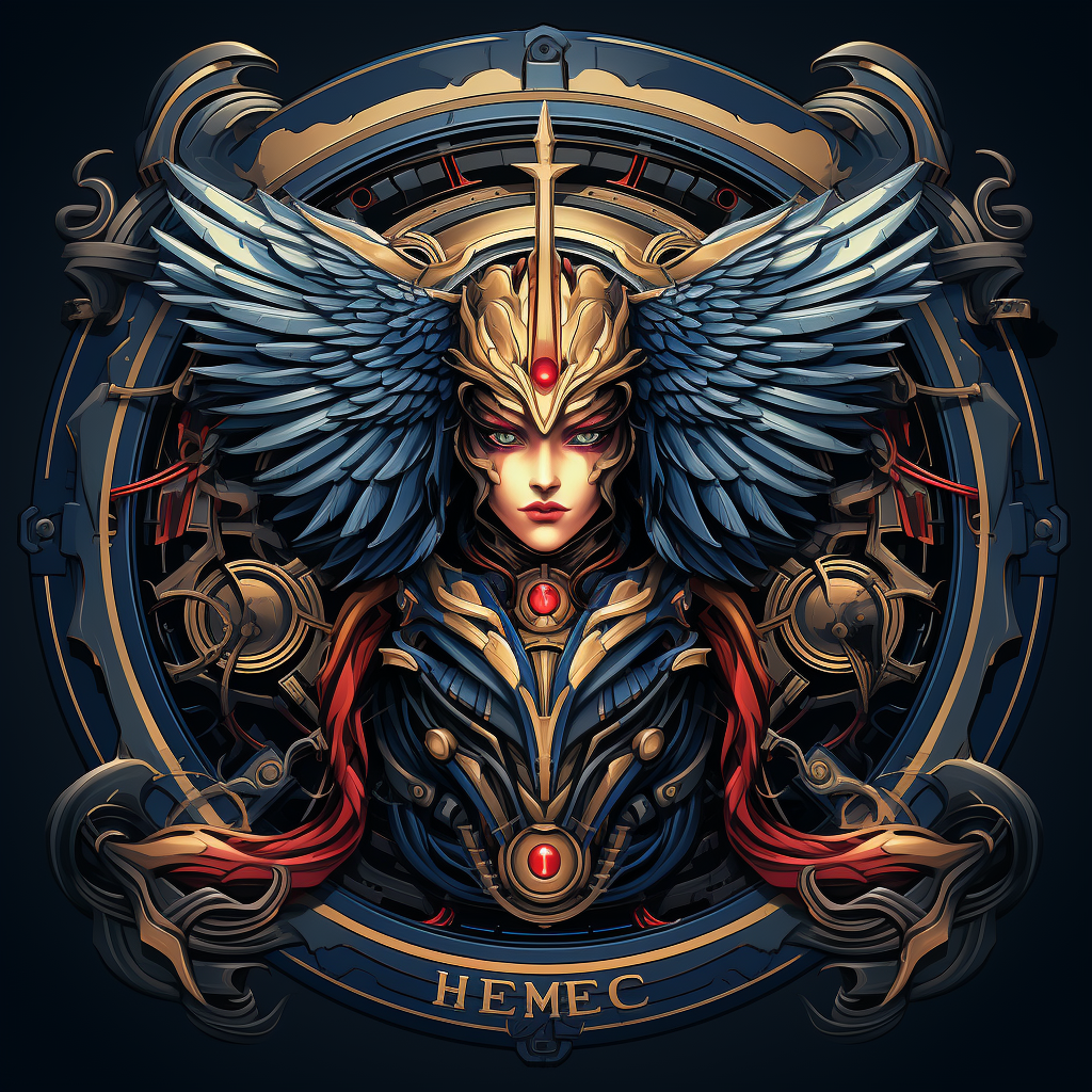 Emblem showcasing hero transformation in blue, red, and gold.