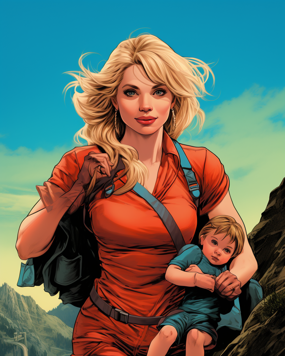 Blonde Mother Carrying Baby Up Mountain