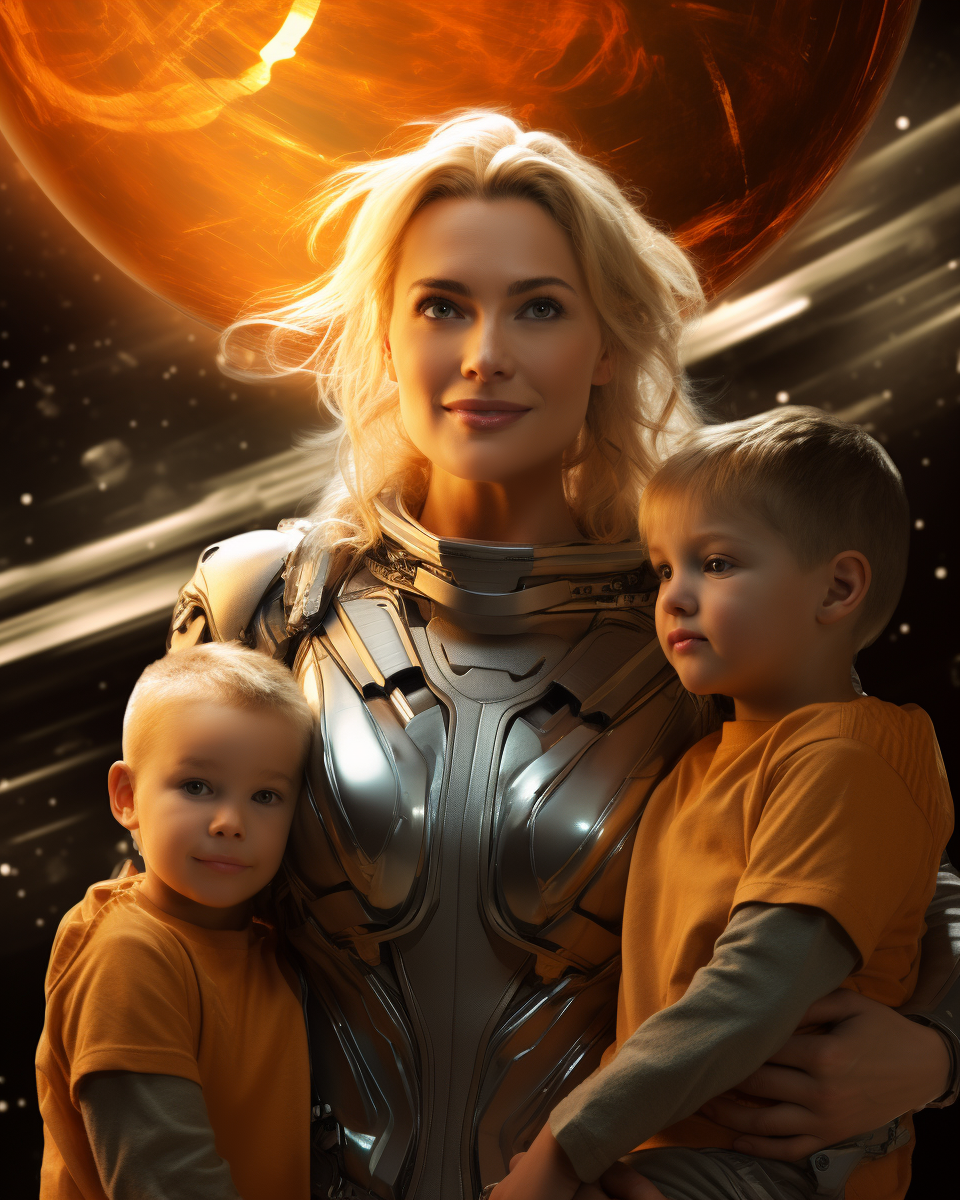 Heroic blonde mother with children in action