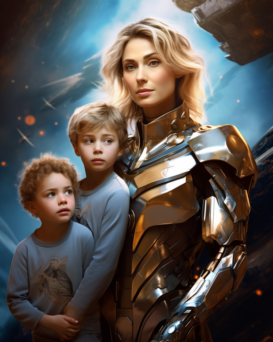 Heroic blonde mother with her two small children