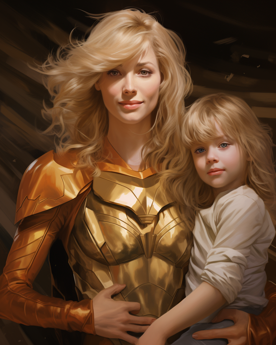 Heroic blonde mother with two children